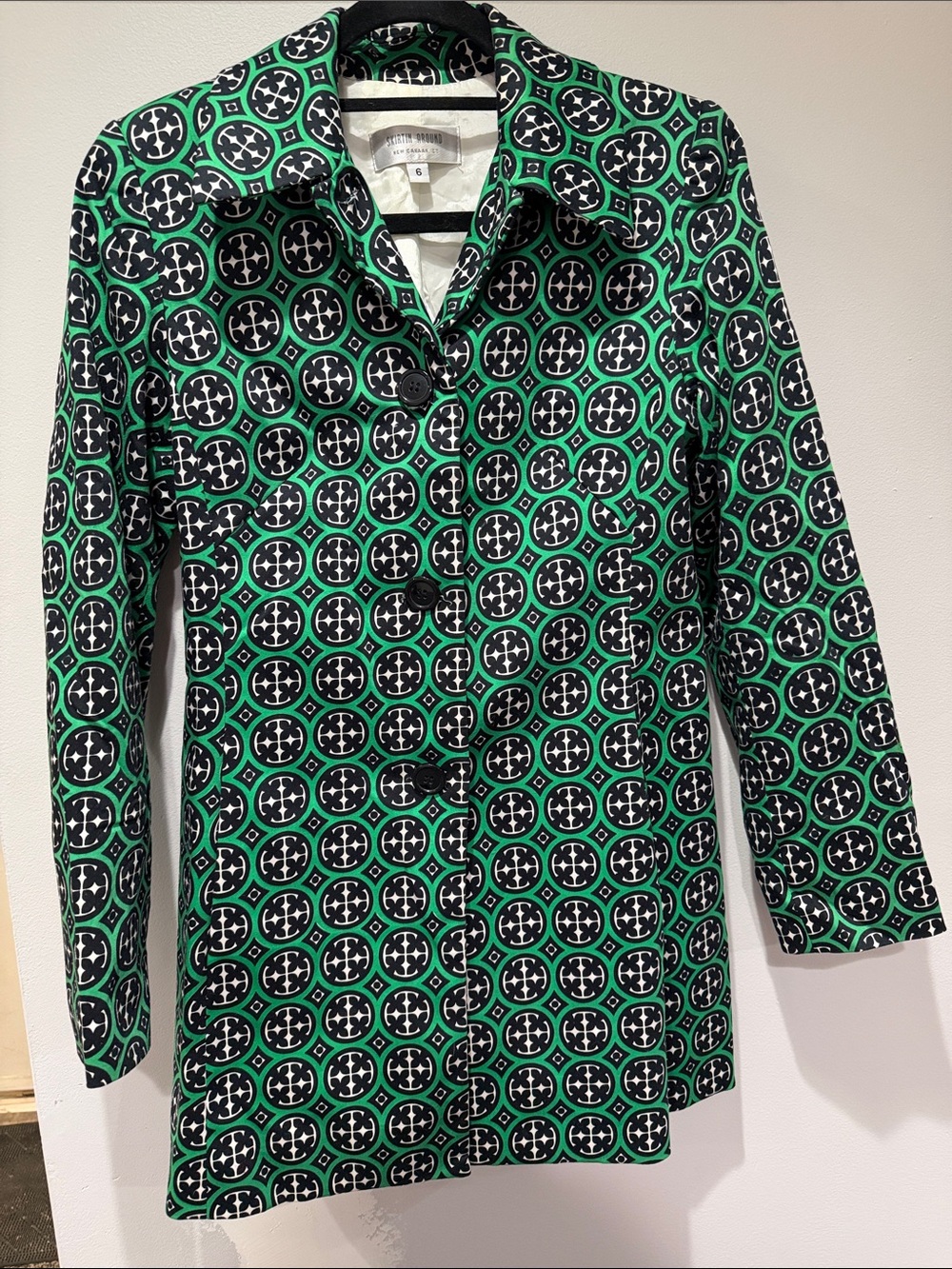 Skirtin Around Green Black and White Geometric Button Jacket